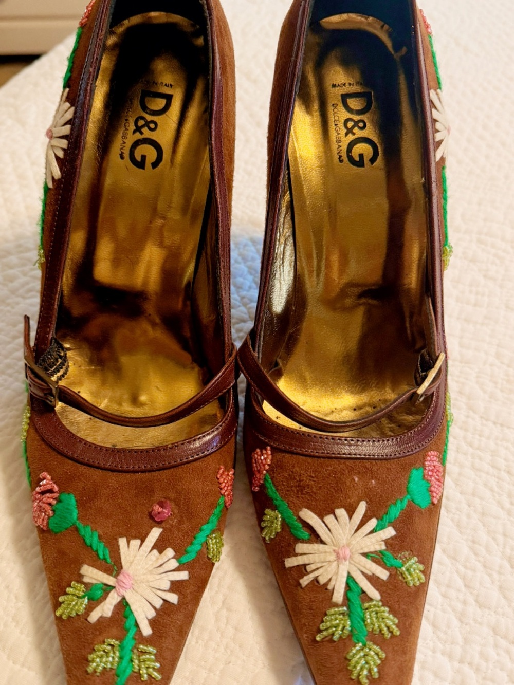 Dolce & Gabbana Brown Suede Embroidered Mary Jane Heels with Gold Interior